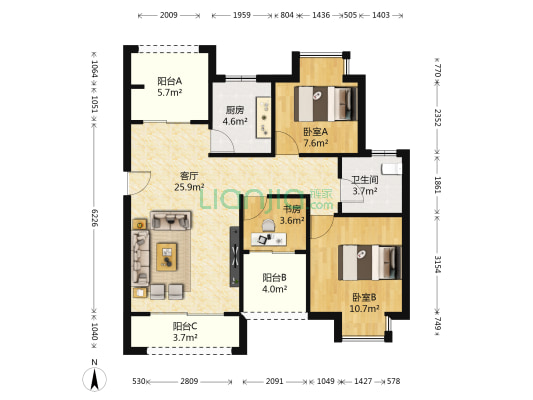昌茂·水木清华 3室1厅1卫 93平方
