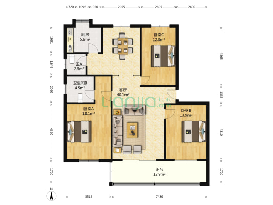 恒达花园北苑 3室1厅2卫 135平方