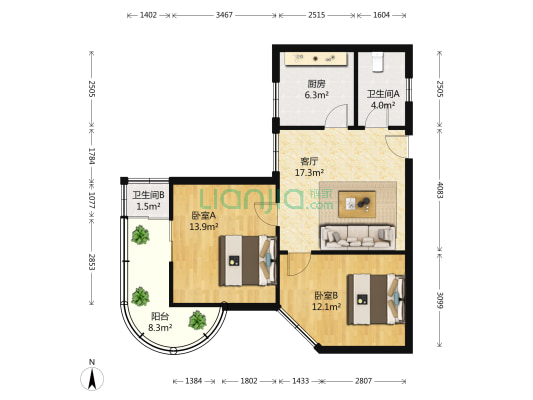 水利厅宿舍 2室1厅2卫 78平方
