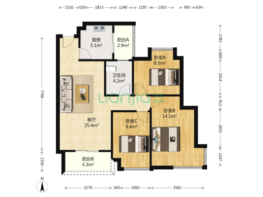 光大花园 3室1厅1卫 89平方