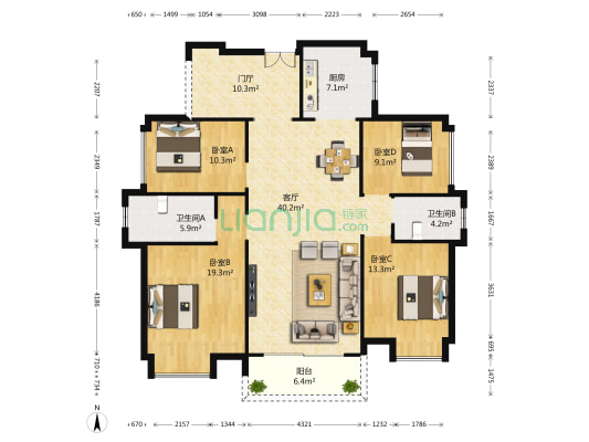 鸿威鸿景华庭南区 4室1厅2卫 140平方