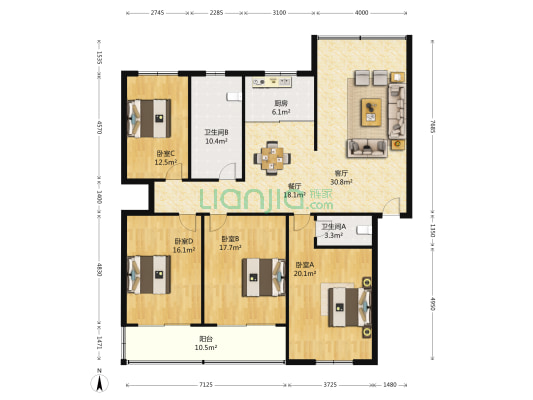 丹青苑B区 4室2厅2卫 176平方