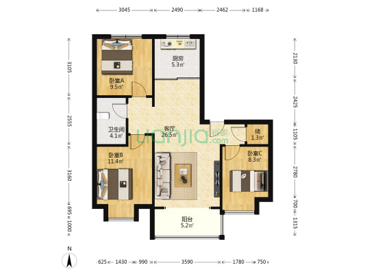 唐山碧桂园凤凰首府 3室1厅1卫 106平方