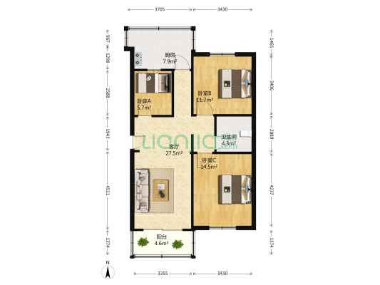 龙凤公寓 3室1厅1卫 95平方