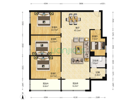 亚圣大厦 4室1厅1卫 162平方