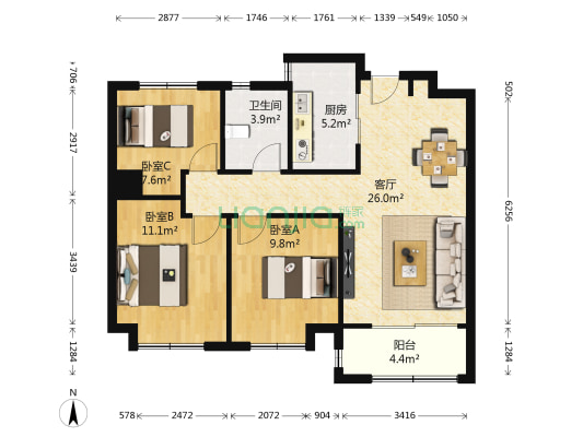 东城金茂悦 3室1厅1卫 89平方