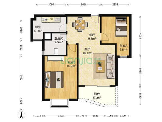 白莲花园 2室2厅1卫 90平方