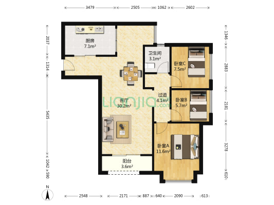 鸿笙苑宝贝的墅 3室1厅1卫 84平方