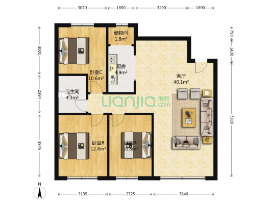 紫泉庭苑 3室1厅1卫 110平方