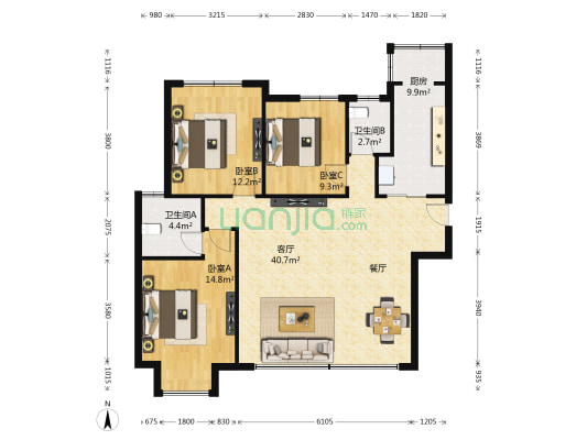 龙湖水晶郦城 3室1厅2卫 122平方