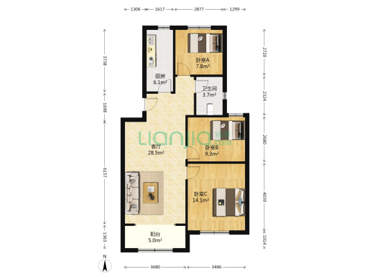 中海临安府 3室1厅1卫 94平方
