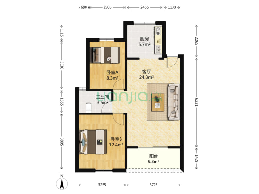 东岸锦城C区 2室1厅1卫 74平方