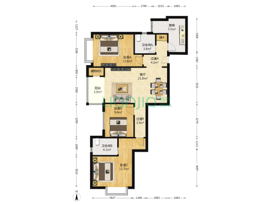 东瑞丽景 3室1厅2卫 118平方