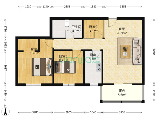 融海杰座 3室1厅1卫 89平方