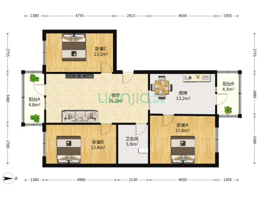 河梁小区 3室1厅1卫 126平方