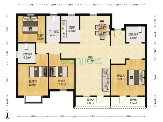 万达江畔华城D区 4室1厅3卫 170平方