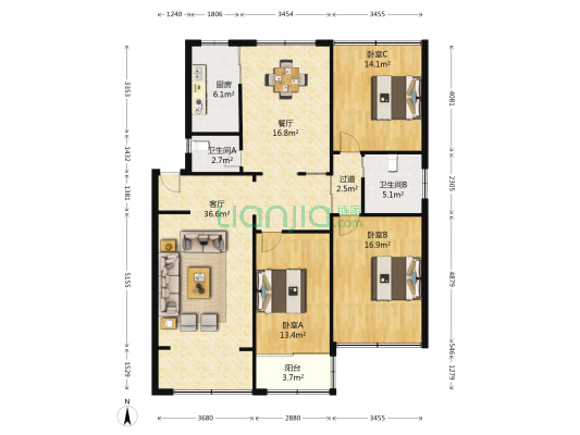 金都花园 3室2厅2卫 143平方