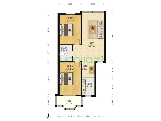金星世纪嘉苑 2室2厅1卫 93平方