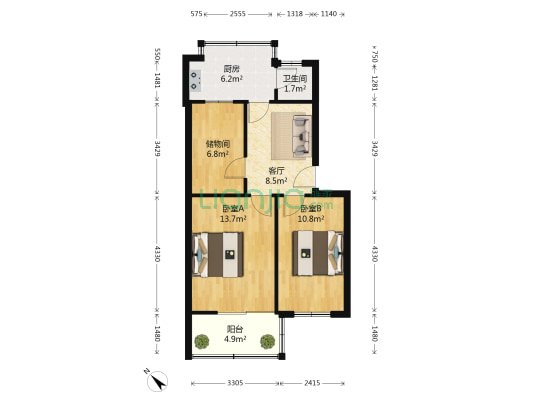 烟厂家属院 2室1厅1卫 60平方