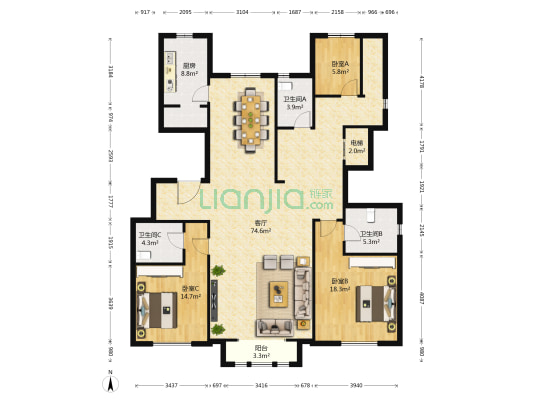万通新新逸墅 3室1厅3卫 199平方