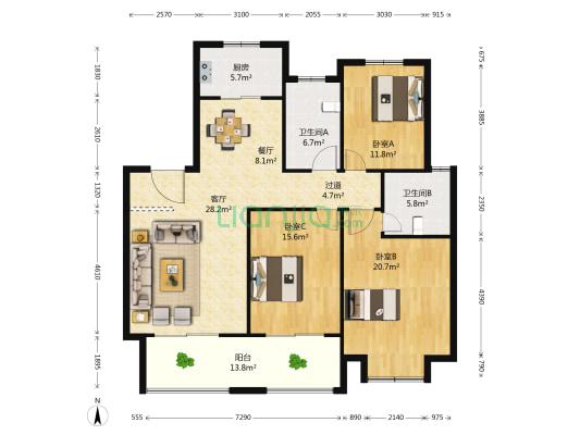 石雪公寓北区 3室2厅2卫 142平方