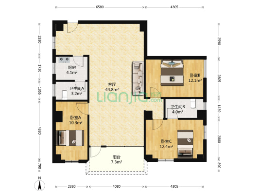 中银大厦 3室1厅2卫 123平方