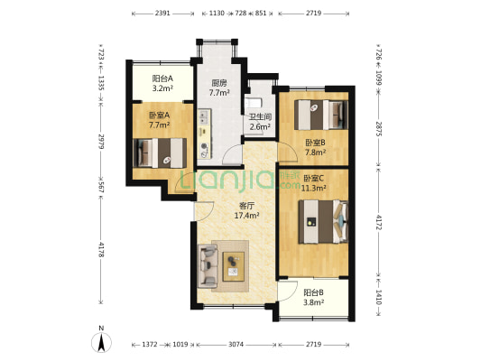 松园北街68号 3室1厅1卫 77平方