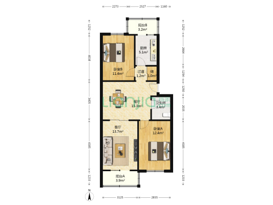 万福家园 2室2厅1卫 87平方