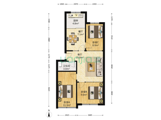 曙光小区 3室2厅1卫 78平方