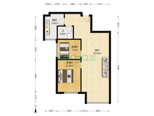万达华府C区 2室1厅1卫 92平方