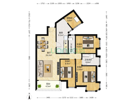 鸿瑞花园三期 3室1厅2卫 110平方