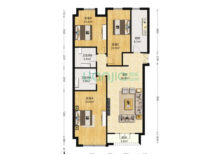 林奥嘉园 3室1厅2卫 160㎡ 户型