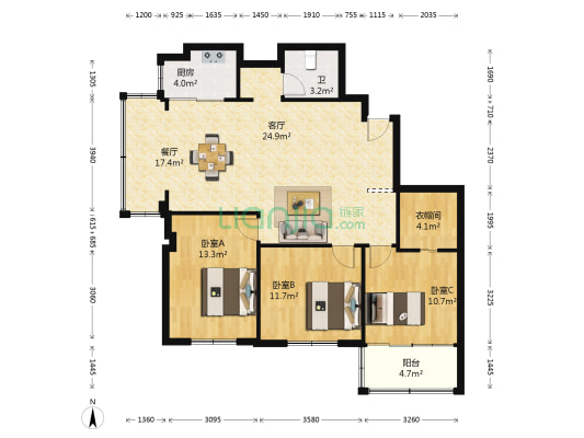 得润花苑 3室2厅1卫 118平方