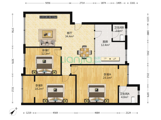 枣子岚垭正街 3室1厅2卫 133平方