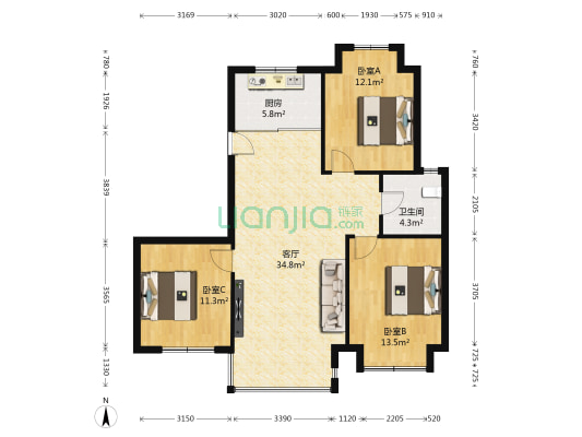 荣盛紫提东郡一期 3室1厅1卫 105平方