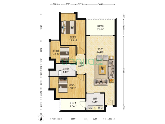 智杰雅筑 3室1厅1卫 92平方