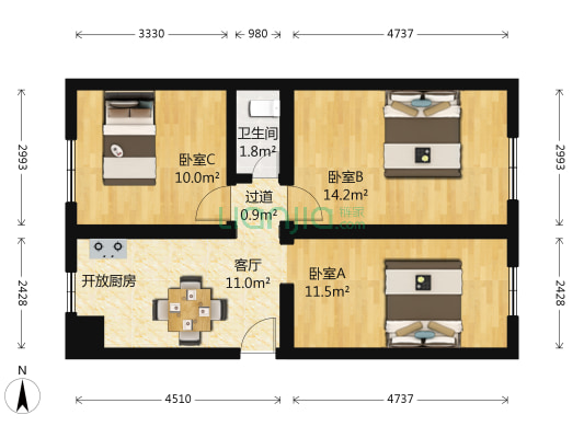 阜成门外大街 3室1厅1卫 67平方