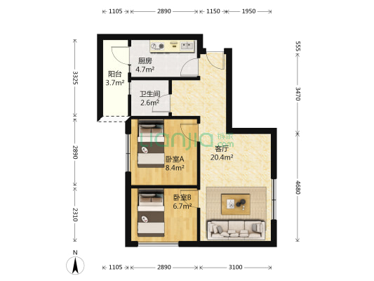 世茂城二期 2室1厅1卫 54平方