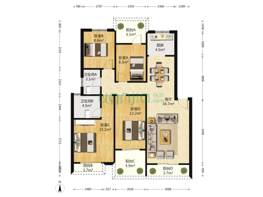 中城时代一期 4室1厅2卫 98平方