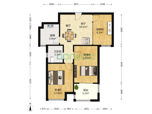 升龙又一城1号院 2室1厅1卫 87平方