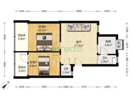 国泰君安小区 2室1厅2卫 63平方