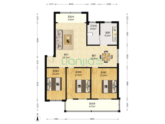 人行宿舍 3室2厅1卫 110平方