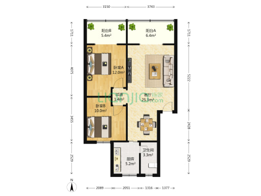 天然居 2室1厅1卫 86平方