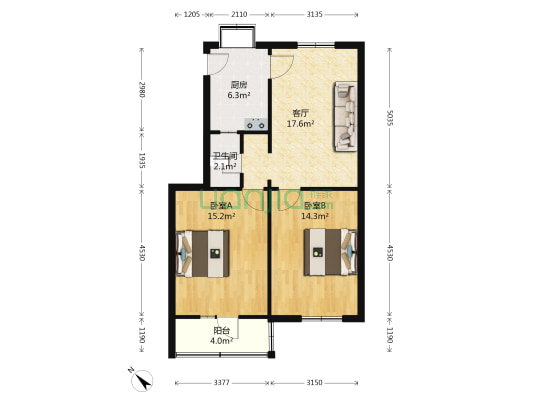 二航宿舍(解放大道) 2室1厅1卫 78平方