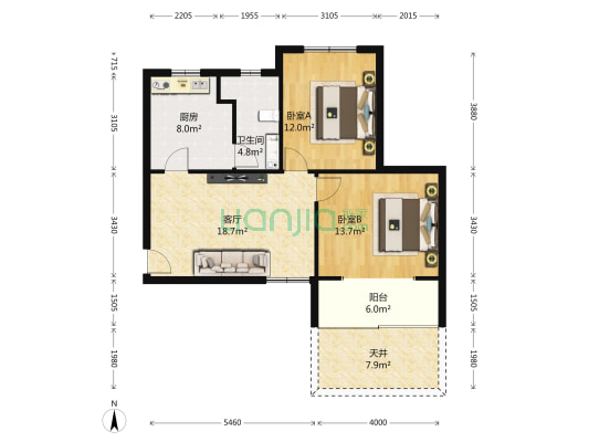 复星花园(行知路635弄) 2室1厅1卫 72平方