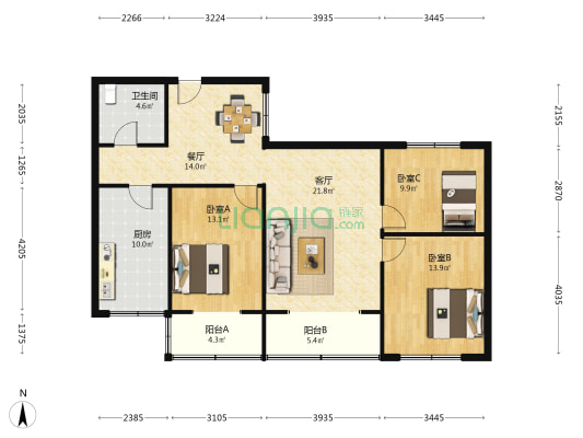 上游三村32号 3室2厅1卫 105平方