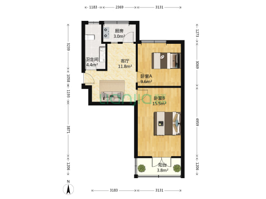 纬二路27号院 2室1厅1卫 53平方