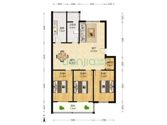豫茶新苑小区 3室2厅1卫 109平方
