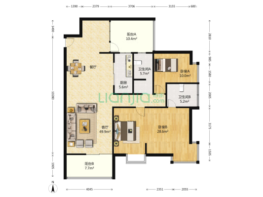 金色俊园 2室1厅2卫 134平方