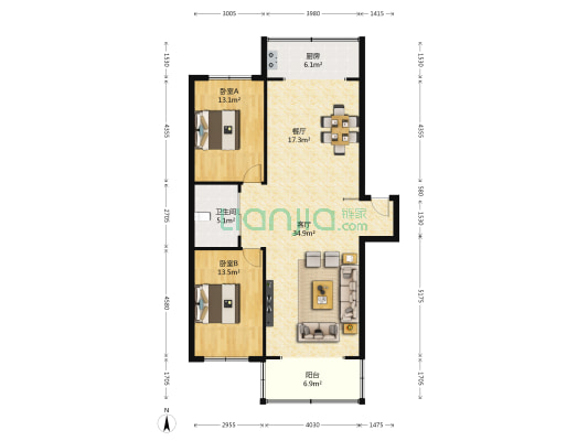 龍湾雅苑 2室2厅1卫 126平方